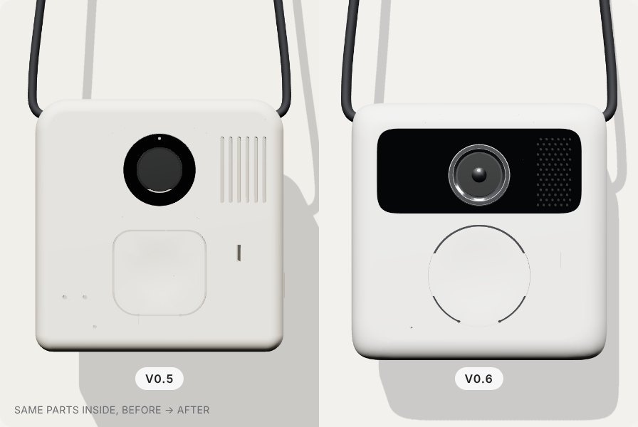 Side-by-side renders of v0.5, a plain box with an exposed lens, slotted speaker grille and square button, and v0.6, with the lens and speaker behind a dark glass visor and a round button