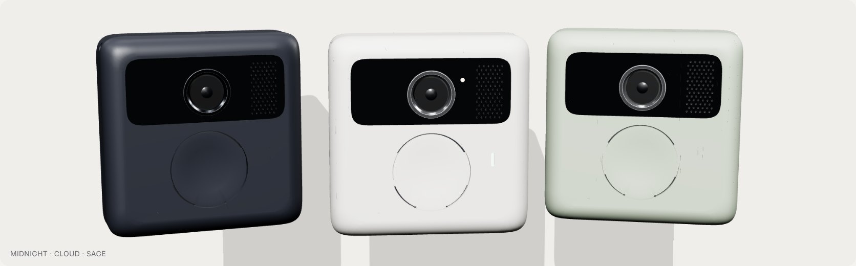 Three renders of the v0.6 pendant in dark navy, white and pale green