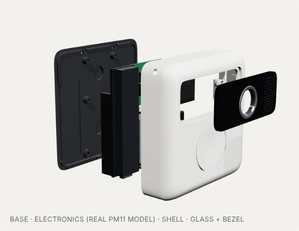 Exploded render showing the dark base, the electronics with the battery module, the white shell and the glass visor with its bezel